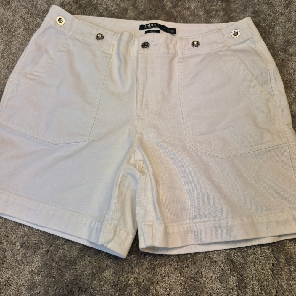 Lauren Ralph Lauren Womens White Denim Utility Shorts Logo Buttons Size 12